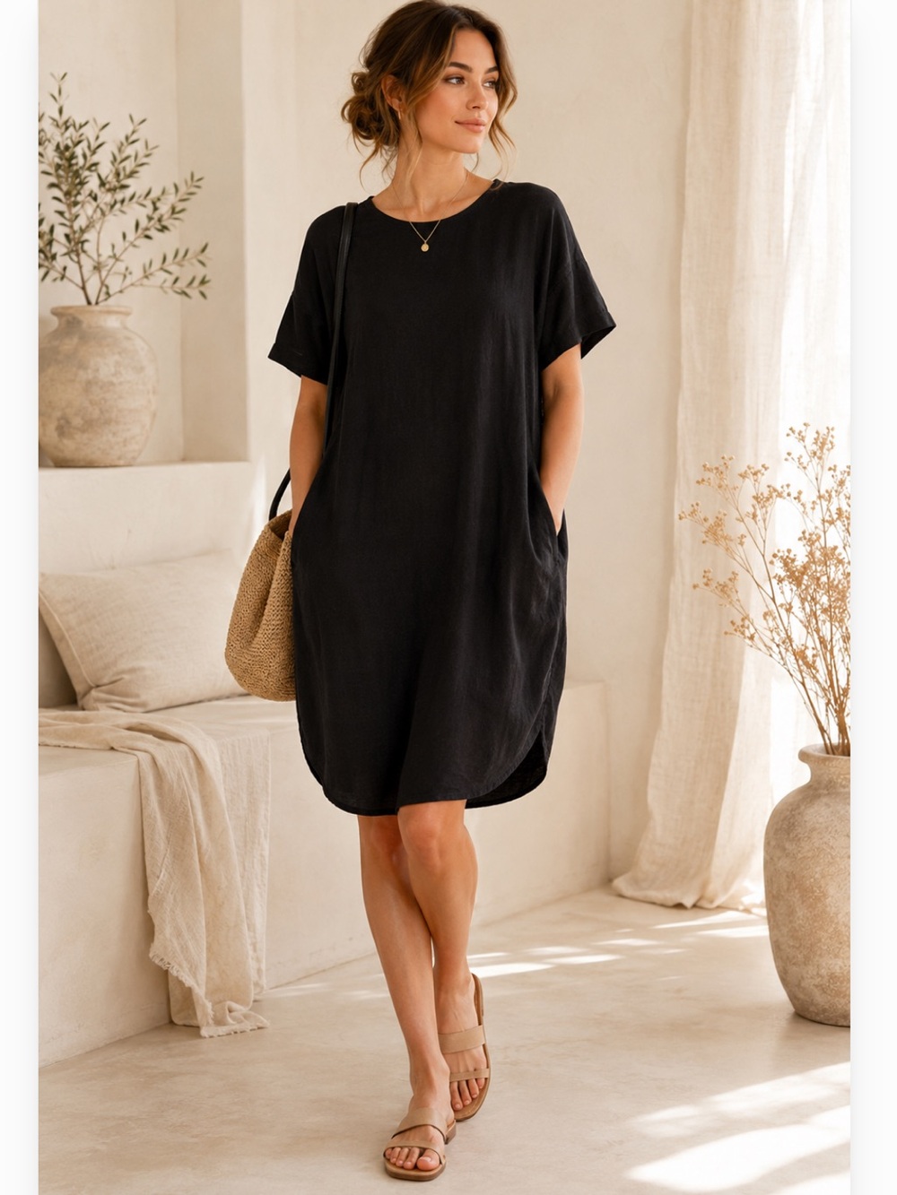 Jules & Leopold Linen Blend Pockets Midi Dress Black Small Lagenlook